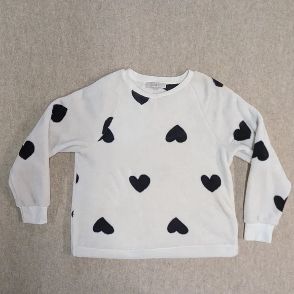 LOFT White Fuzzy Soft Faux Fur Crewneck with Black Hearts Sz Medium - Picture 2 of 8